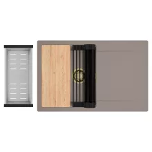 HD Onyx Tortora 78 egymedencés gránit mosogatótálca szett, csepegtetőtálcával, vágódeszkával, matt fekete csepegtetőráccsal és krómozott kosárral, tortora színben, szálcsiszolt arany leeresztő szifonnal