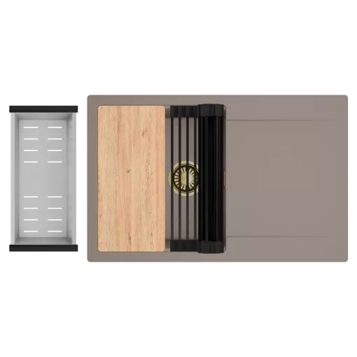 HD Onyx Tortora 78 egymedencés gránit mosogatótálca szett, csepegtetőtálcával, vágódeszkával, matt fekete csepegtetőráccsal és krómozott kosárral, tortora színben, szálcsiszolt arany leeresztő szifonnal