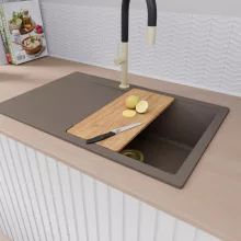 HD Onyx Tortora 78 egymedencés gránit mosogatótálca szett, csepegtetőtálcával, vágódeszkával, matt fekete csepegtetőráccsal és krómozott kosárral, tortora színben, szálcsiszolt arany leeresztő szifonnal