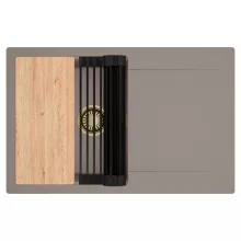 HD Onyx Tortora 78 egymedencés gránit mosogatótálca szett, csepegtetőtálcával, vágódeszkával, matt fekete csepegtetőráccsal, tortora színben, szálcsiszolt arany leeresztő szifonnal