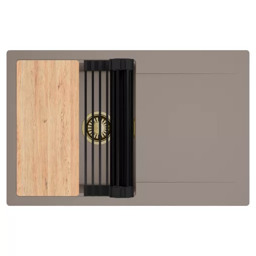 HD Onyx Tortora 78 egymedencés gránit mosogatótálca szett, csepegtetőtálcával, vágódeszkával, matt fekete csepegtetőráccsal, tortora színben, szálcsiszolt arany leeresztő szifonnal