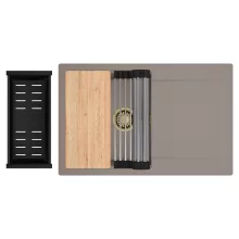 HD Onyx Tortora 78 egymedencés gránit mosogatótálca szett, csepegtetőtálcával, vágódeszkával, acél csepegtetőráccsal és matt fekete kosárral, tortora színben, szálcsiszolt arany leeresztő szifonnal