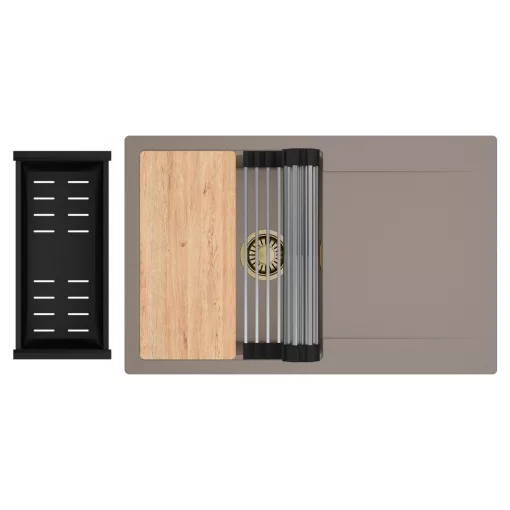 HD Onyx Tortora 78 egymedencés gránit mosogatótálca szett, csepegtetőtálcával, vágódeszkával, acél csepegtetőráccsal és matt fekete kosárral, tortora színben, szálcsiszolt arany leeresztő szifonnal