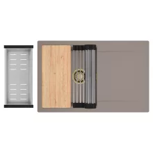 HD Onyx Tortora 78 egymedencés gránit mosogatótálca szett, csepegtetőtálcával, vágódeszkával, acél csepegtetőráccsal és kosárral, tortora színben, szálcsiszolt arany leeresztő szifonnal