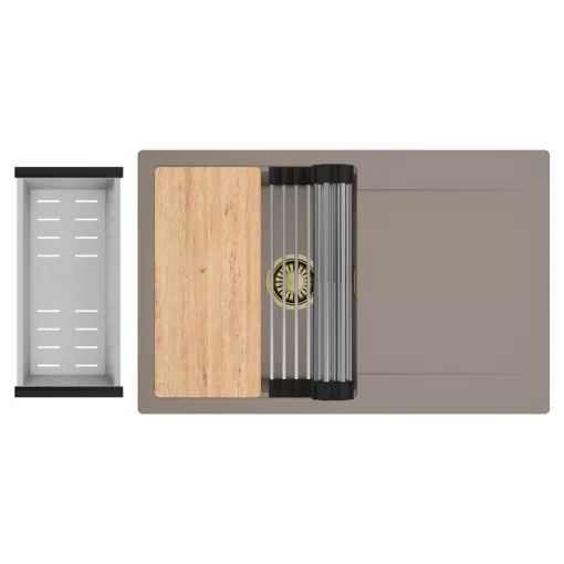 HD Onyx Tortora 78 egymedencés gránit mosogatótálca szett, csepegtetőtálcával, vágódeszkával, acél csepegtetőráccsal és kosárral, tortora színben, szálcsiszolt arany leeresztő szifonnal