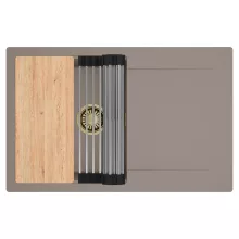 HD Onyx Tortora 78 egymedencés gránit mosogatótálca szett, csepegtetőtálcával, vágódeszkával, acél csepegtetőráccsal, tortora színben, szálcsiszolt arany leeresztő szifonnal