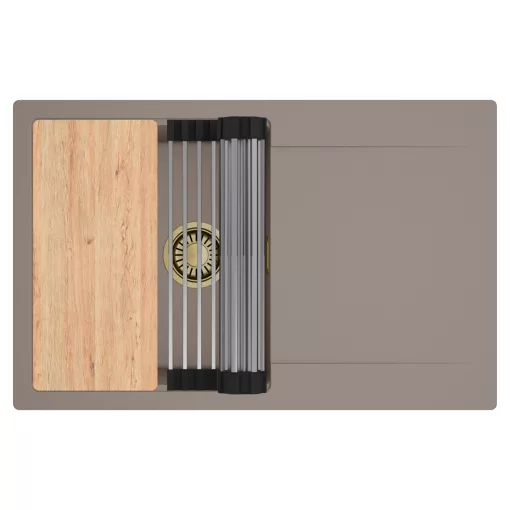 HD Onyx Tortora 78 egymedencés gránit mosogatótálca szett, csepegtetőtálcával, vágódeszkával, acél csepegtetőráccsal, tortora színben, szálcsiszolt arany leeresztő szifonnal