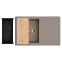 HD Onyx Tortora 78 egymedencés gránit mosogatótálca szett, csepegtetőtálcával, vágódeszkával, matt fekete csepegtetőkosárral, tortora színben, szálcsiszolt arany leeresztő szifonnal