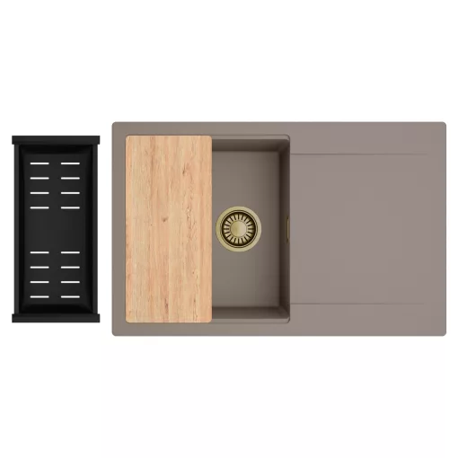 HD Onyx Tortora 78 egymedencés gránit mosogatótálca szett, csepegtetőtálcával, vágódeszkával, matt fekete csepegtetőkosárral, tortora színben, szálcsiszolt arany leeresztő szifonnal