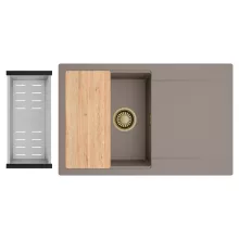 HD Onyx Tortora 78 egymedencés gránit mosogatótálca szett, csepegtetőtálcával, vágódeszkával, acél csepegtetőkosárral, tortora színben, szálcsiszolt arany leeresztő szifonnal