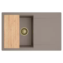 HD Onyx Tortora 78 egymedencés gránit mosogatótálca, vágódeszkával, tortora színben, szálcsiszolt arany leeresztő szifonnal