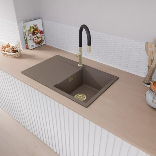 HD Onyx Tortora 78 egymedencés gránit mosogatótálca, vágódeszkával, tortora színben, szálcsiszolt arany leeresztő szifonnal