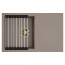 HD Onyx Tortora 78 egymedencés mosogatótálca szett, acél csepegtetőráccsal, csepegtetőtálcával, tortora színben, szálcsiszolt arany leeresztő szifonnal