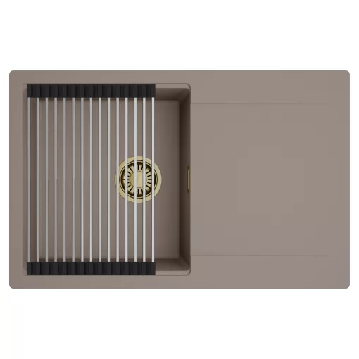 HD Onyx Tortora 78 egymedencés mosogatótálca szett, acél csepegtetőráccsal, csepegtetőtálcával, tortora színben, szálcsiszolt arany leeresztő szifonnal