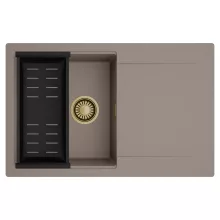 HD Onyx Tortora 78 egymedencés mosogatótálca szett, matt fekete csepegtetőkosárral, csepegtetőtálcával, tortora színben, szálcsiszolt arany leeresztő szifonnal