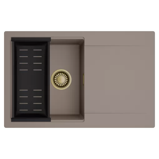HD Onyx Tortora 78 egymedencés mosogatótálca szett, matt fekete csepegtetőkosárral, csepegtetőtálcával, tortora színben, szálcsiszolt arany leeresztő szifonnal