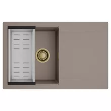 HD Onyx Tortora 78 egymedencés mosogatótálca szett, acél csepegtetőkosárral, csepegtetőtálcával, tortora színben, szálcsiszolt arany leeresztő szifonnal