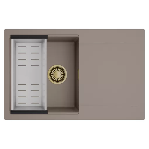HD Onyx Tortora 78 egymedencés mosogatótálca szett, acél csepegtetőkosárral, csepegtetőtálcával, tortora színben, szálcsiszolt arany leeresztő szifonnal