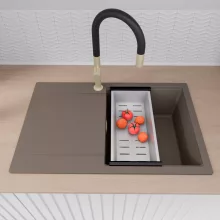 HD Onyx Tortora 78 egymedencés mosogatótálca szett, acél csepegtetőkosárral, csepegtetőtálcával, tortora színben, szálcsiszolt arany leeresztő szifonnal