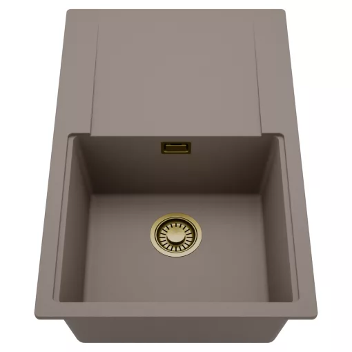 HD Onyx Tortora 78 egymedencés mosogatótálca, csepegtetőtálcával, tortora színben, szálcsiszolt arany leeresztő szifonnal