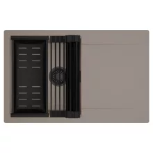 HD Onyx Tortora 78 egymedencés mosogatótálca szett, matt fekete csepegtetőráccsal és kosárral, csepegtetőtálcával, tortora színben, matt fekete leeresztő szifonnal