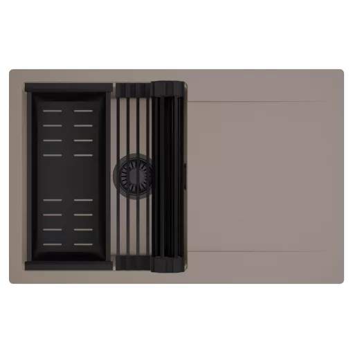 HD Onyx Tortora 78 egymedencés mosogatótálca szett, matt fekete csepegtetőráccsal és kosárral, csepegtetőtálcával, tortora színben, matt fekete leeresztő szifonnal