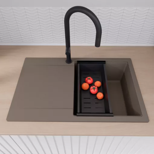 HD Onyx Tortora 78 egymedencés mosogatótálca szett, matt fekete csepegtetőráccsal és kosárral, csepegtetőtálcával, tortora színben, matt fekete leeresztő szifonnal