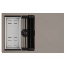 HD Onyx Tortora 78 egymedencés mosogatótálca szett, matt fekete csepegtetőráccsal és krómozott kosárral, csepegtetőtálcával, tortora színben, matt fekete leeresztő szifonnal