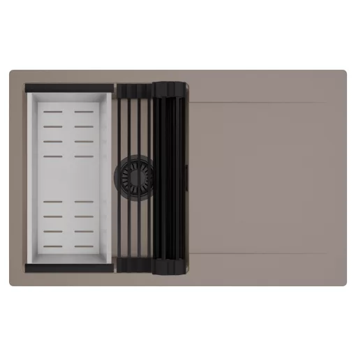 HD Onyx Tortora 78 egymedencés mosogatótálca szett, matt fekete csepegtetőráccsal és krómozott kosárral, csepegtetőtálcával, tortora színben, matt fekete leeresztő szifonnal