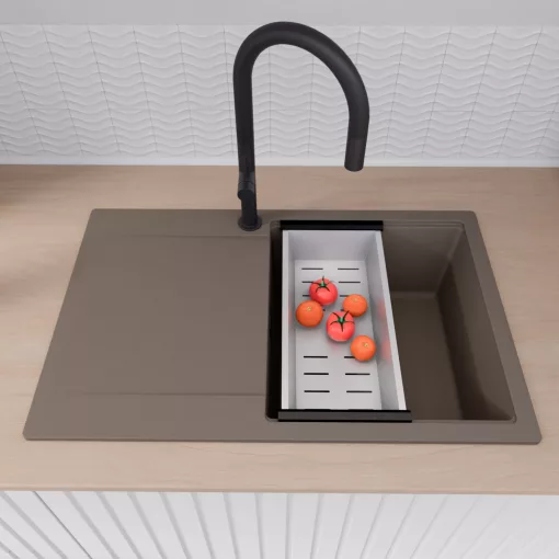 HD Onyx Tortora 78 egymedencés mosogatótálca szett, matt fekete csepegtetőráccsal és krómozott kosárral, csepegtetőtálcával, tortora színben, matt fekete leeresztő szifonnal