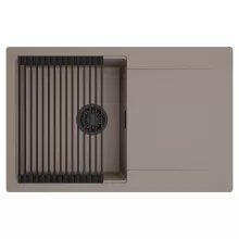 HD Onyx Tortora 78 egymedencés mosogatótálca szett, matt fekete csepegtetőráccsal, csepegtetőtálcával, tortora színben, matt fekete leeresztő szifonnal