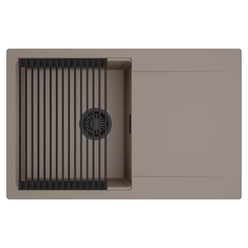 HD Onyx Tortora 78 egymedencés mosogatótálca szett, matt fekete csepegtetőráccsal, csepegtetőtálcával, tortora színben, matt fekete leeresztő szifonnal