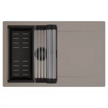 HD Onyx Tortora 78 egymedencés mosogatótálca szett, acél csepegtetőráccsal és matt fekete kosárral, csepegtetőtálcával, tortora színben, matt fekete leeresztő szifonnal