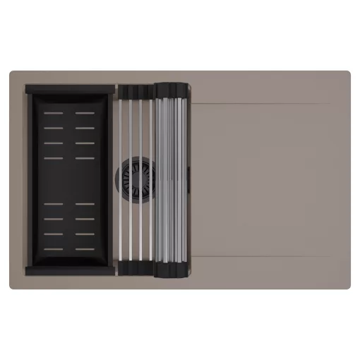 HD Onyx Tortora 78 egymedencés mosogatótálca szett, acél csepegtetőráccsal és matt fekete kosárral, csepegtetőtálcával, tortora színben, matt fekete leeresztő szifonnal