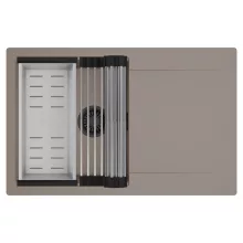 HD Onyx Tortora 78 egymedencés mosogatótálca szett, acél csepegtetőráccsal és kosárral, csepegtetőtálcával, tortora színben, matt fekete leeresztő szifonnal