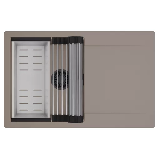 HD Onyx Tortora 78 egymedencés mosogatótálca szett, acél csepegtetőráccsal és kosárral, csepegtetőtálcával, tortora színben, matt fekete leeresztő szifonnal