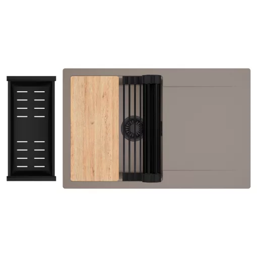 HD Onyx Tortora 78 egymedencés gránit mosogatótálca szett, csepegtetőtálcával, vágódeszkával, matt fekete csepegtetőráccsal és kosárral, tortora színben, matt fekete leeresztő szifonnal