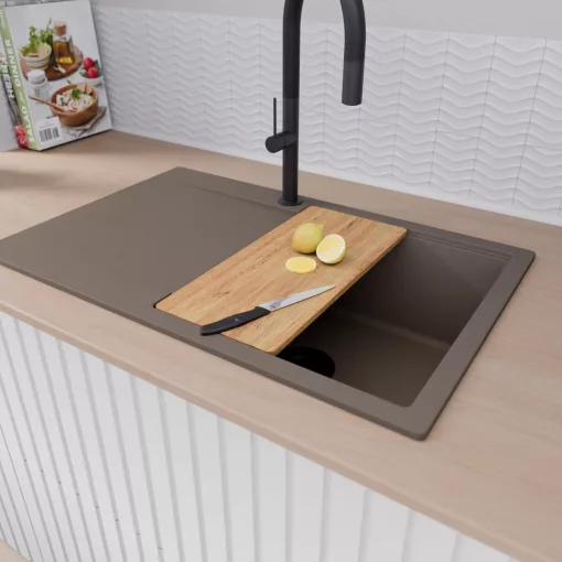 HD Onyx Tortora 78 egymedencés gránit mosogatótálca szett, csepegtetőtálcával, vágódeszkával, matt fekete csepegtetőráccsal és kosárral, tortora színben, matt fekete leeresztő szifonnal