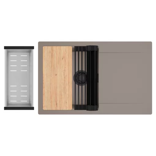 HD Onyx Tortora 78 egymedencés gránit mosogatótálca szett, csepegtetőtálcával, vágódeszkával, matt fekete csepegtetőráccsal és krómozott kosárral, tortora színben, matt fekete leeresztő szifonnal