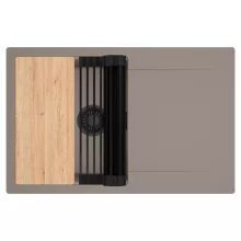 HD Onyx Tortora 78 egymedencés gránit mosogatótálca szett, csepegtetőtálcával, vágódeszkával, matt fekete csepegtetőráccsal, tortora színben, matt fekete leeresztő szifonnal