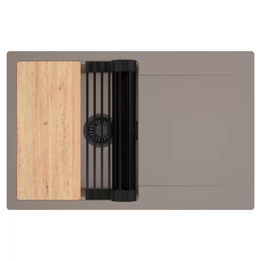 HD Onyx Tortora 78 egymedencés gránit mosogatótálca szett, csepegtetőtálcával, vágódeszkával, matt fekete csepegtetőráccsal, tortora színben, matt fekete leeresztő szifonnal