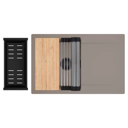 HD Onyx Tortora 78 egymedencés gránit mosogatótálca szett, csepegtetőtálcával, vágódeszkával, acél csepegtetőráccsal és matt fekete kosárral, tortora színben, matt fekete leeresztő szifonnal