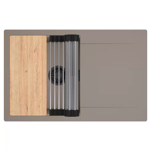 HD Onyx Tortora 78 egymedencés gránit mosogatótálca szett, csepegtetőtálcával, vágódeszkával, acél csepegtetőráccsal, tortora színben, matt fekete leeresztő szifonnal