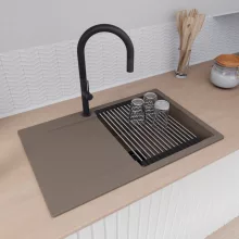 HD Onyx Tortora 78 egymedencés gránit mosogatótálca szett, csepegtetőtálcával, vágódeszkával, acél csepegtetőráccsal, tortora színben, matt fekete leeresztő szifonnal