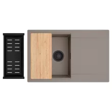 HD Onyx Tortora 78 egymedencés gránit mosogatótálca szett, csepegtetőtálcával, vágódeszkával, matt fekete csepegtetőkosárral, tortora színben, matt fekete leeresztő szifonnal