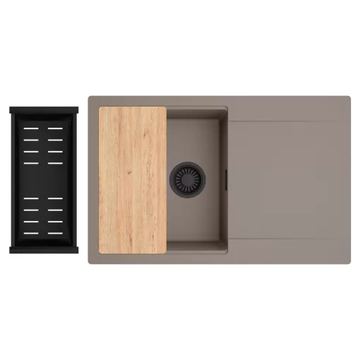 HD Onyx Tortora 78 egymedencés gránit mosogatótálca szett, csepegtetőtálcával, vágódeszkával, matt fekete csepegtetőkosárral, tortora színben, matt fekete leeresztő szifonnal