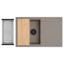 HD Onyx Tortora 78 egymedencés gránit mosogatótálca szett, csepegtetőtálcával, vágódeszkával, acél csepegtetőkosárral, tortora színben, matt fekete leeresztő szifonnal