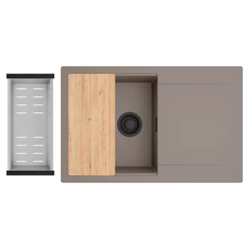 HD Onyx Tortora 78 egymedencés gránit mosogatótálca szett, csepegtetőtálcával, vágódeszkával, acél csepegtetőkosárral, tortora színben, matt fekete leeresztő szifonnal