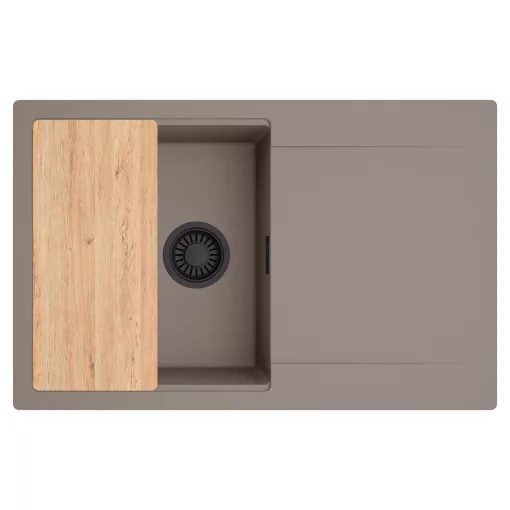 HD Onyx Tortora 78 egymedencés gránit mosogatótálca, vágódeszkával, tortora színben, matt fekete leeresztő szifonnal