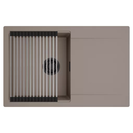 HD Onyx Tortora 78 egymedencés mosogatótálca szett, acél csepegtetőráccsal, csepegtetőtálcával, tortora színben, matt fekete leeresztő szifonnal